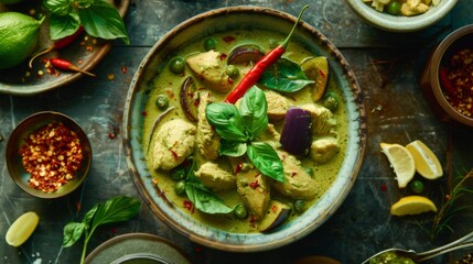 A vibrant green curry with tender chicken, Thai eggplant, and bamboo shoots, simmered in creamy...