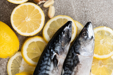 Uncooked mackerel sea fish with lemons and garlic, culinary recipe