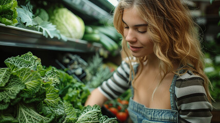 Happy young woman shopping for fresh organic vegetables at a local market for a healthy lifestyle