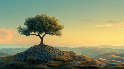 there is a lone tree on a hill with a mountain in the background - Powered by Adobe