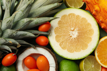 Set of fresh ripe tropical fruit, close up