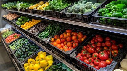 Colorful organic vegetable display at a fresh food supermarket promoting healthy vegetarian choices