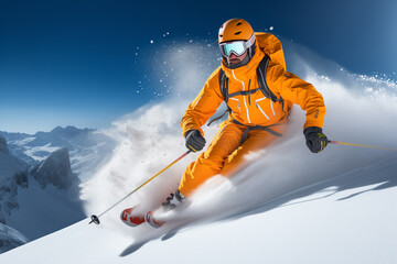 skier in orange jacket skiing down a steep mountain slope