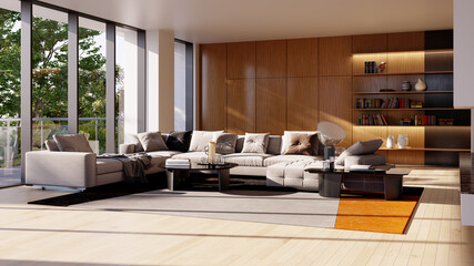 Naklejka premium Large luxury modern bright interiors Living room mockup illustration 3D rendering image