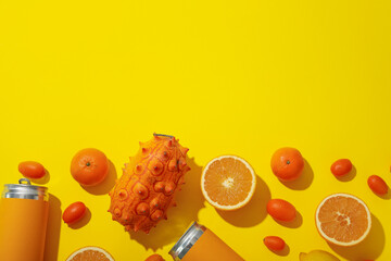 Tropical fruit and tin cans on yellow background, space for text