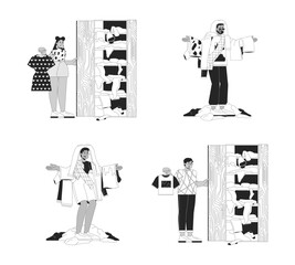 Diverse people with clothing black and white cartoon flat illustration set. Shopaholics cartoon outline characters isolated on white. Consumption monochrome scene vector outline image collection