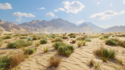 there is a large field of grass and bushes in the desert