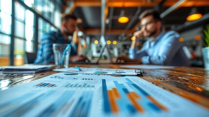 A corporate team meeting discussing business strategy and analyzing financial data for effective planning