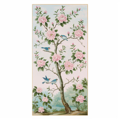 painting of a tree with pink flowers and birds on it
