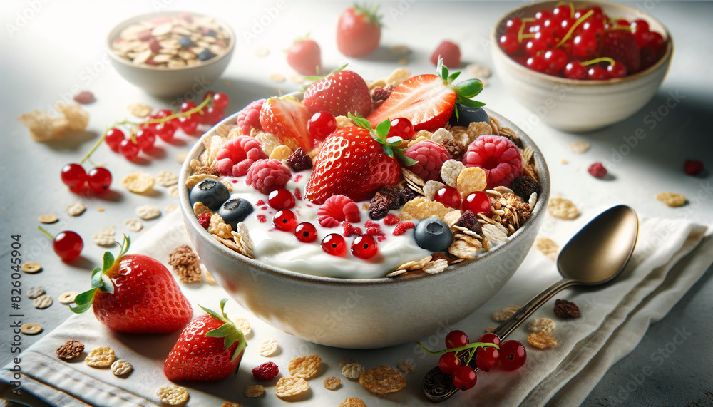 Wall mural bowl of muesli with yogurt and berries fruit