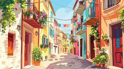 Old Italian town street with colorful houses. Vector