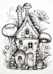 a drawing of a house with mushrooms and flowers on the ground