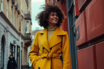 smiling woman in yellow coat standing on a city street