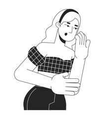 Obraz premium Shocked caucasian woman covering mouth with hand black and white 2D line cartoon character. European female isolated vector outline person. Surprise monochromatic flat spot illustration