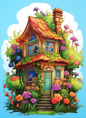illustration of a house with a garden and flowers on a blue background
