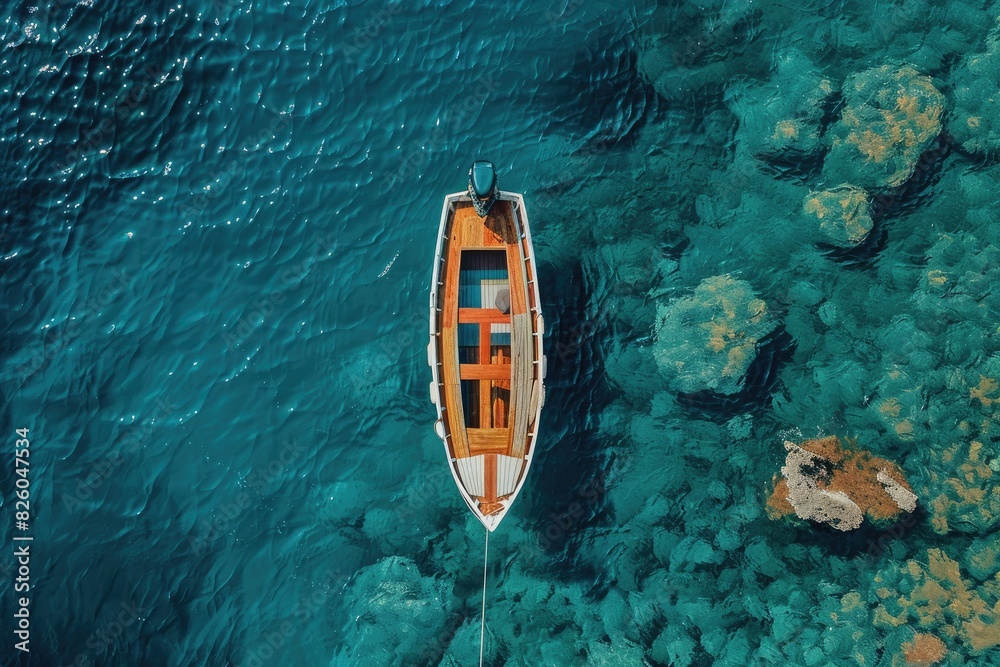 Wall mural wooden boat floats serenely on river, surrounded by blue water and nature's tranquility