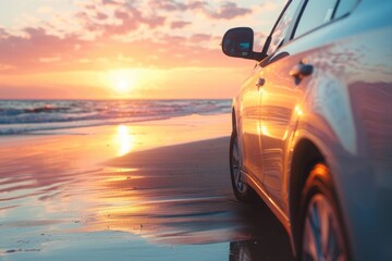 Beach sunset drive with a car