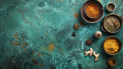 Aromatic spices artistically arranged on a teal countertop, symbolizing culinary delight.