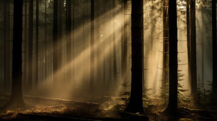 Sunlight filters through the canopy of a dense forest filled with trees
