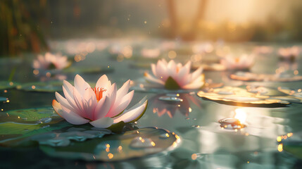 white water lilies in a pond with lily pads - Powered by Adobe