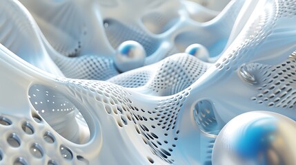 3D rendering of a white organic structure with a bumpy surface up close. The structure resembles a coral reef or a bone structure.