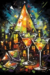 Painting of three martini glasses with a Christmas tree in the background