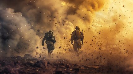 soldiers walking through a field of dust and smoke