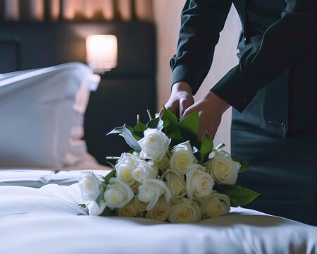 Hotel staff placing fresh flowers in a guest room, closeup shot, elegant and thoughtful gesture, focus on exceptional hospitality and comfort.
