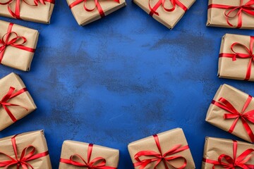 Obraz premium Multiple colorful gift boxes with ribbons on blue surface with text space - celebration, holiday presents, marketing.