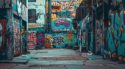 Artistic teal-colored graffiti murals against an urban backdrop, showcasing vibrant creativity.