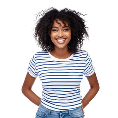 Front view mid shot of a beautiful African woman dressed in a blue striped T-shirt and white jeans, smiling on a white transparent background