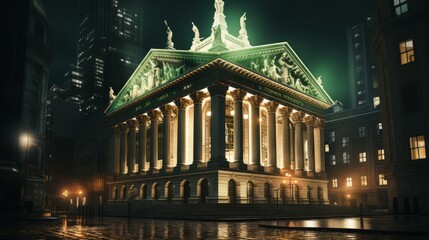 A grand city building with glowing columns, exuding charm and beauty at night