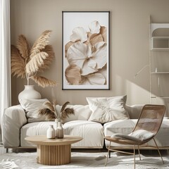Cozy living room with neutral tones and floral artwork