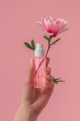 someone holding a pink bottle with a flower in it