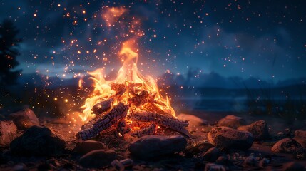 campfire crackling softly under a starry sky, warm glow, calming rhythm, detailed embers