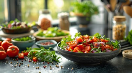 Obraz premium assortment of meat alternatives next to a salad bowl on a kitchen counter promoting healthy eating and plant-based options