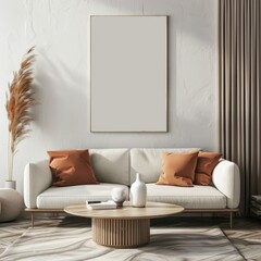 Modern Living Room with White Sofa and Blank Picture Frame