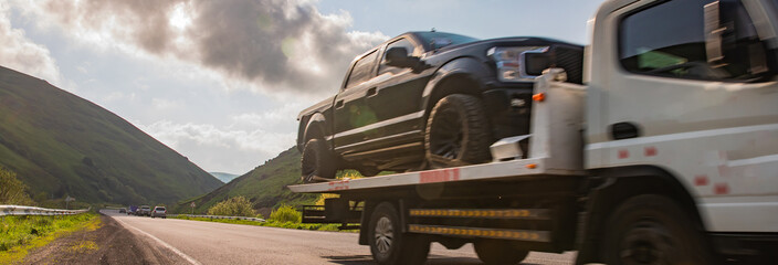 Truck in motion on the road, cargo transportation concept stock photo