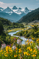 Stunning mountain landscape with a winding river, lush forest valley, snow-capped peaks, and colorful wildflowers