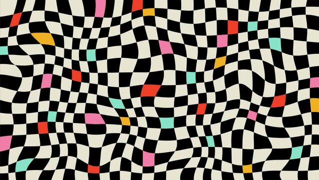 Retro checkerboard pattern, checkered wavy abstract geometric optical illusion looping background. 