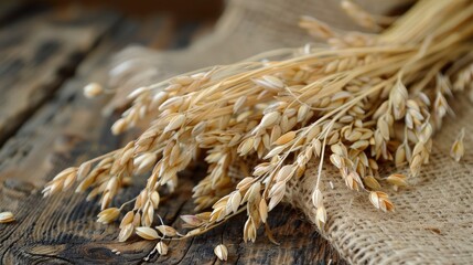 Oat ears displayed on a wooden surface