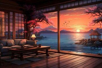 Fototapeta premium Illustration of a living room with a view of the sea.