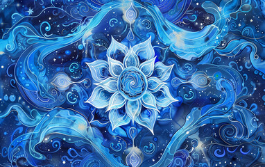 Serene Lotus Mandala: Watercolor Blue Lotus at the Heart of Swirling Tides, Starry Backdrop with Dewdrops and Flowing Patterns