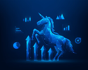 business unicorn startup and arrow graph growth. achievement success low poly wireframe. creative idea and innovation company. concept of venture capital to wealth. vector illustration. © Yellow duck