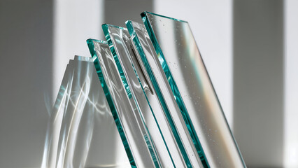 a stack of clear glass sheets reflecting light on a white background