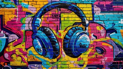 Colorful Pop Art Comic Street Graffiti Featuring Headphones on a Vibrant Brick Wall Background
