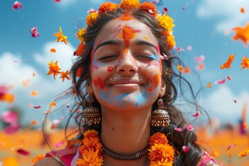 Happy woman with colorful paint on her face, surrounded by flower petals.