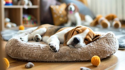 A cute Beagle puppy sleeping soundly on a soft dog bed, surrounded by a few scattered toys in a cozy living room.