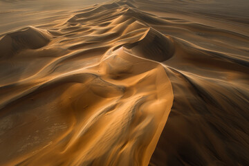 Aerial view of vast desert dunes, showcasing the flowing lines and soft curves of the sand formations. Capture the interplay of light and shadow, creating a sense of depth and texture. 