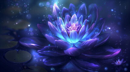 purple and blue lotus flower with stars in the background